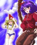  2girls alternate_costume female flx gym_uniform hair_ornament hat leaf_hair_ornament moriya_suwako multiple_girls rope shimenawa thigh-highs touhou track_suit yasaka_kanako 