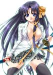  1girl breasts kurugaya_yuiko little_busters!! school_uniform simple_background solo sword thigh-highs weapon yoshida_inuhito zettai_ryouiki 