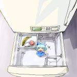  1girl banana chibi cirno female food fruit in_container in_refrigerator lowres minigirl refrigerator solo touhou 