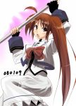  1girl :o arms_up black_gloves boshinote bow bowtie fingerless_gloves gloves long_sleeves looking_at_viewer lowres lyrical_nanoha magical_girl mahou_shoujo_lyrical_nanoha mahou_shoujo_lyrical_nanoha_strikers open_mouth raising_heart red_bow red_bowtie side_ponytail simple_background solo takamachi_nanoha white_background 