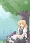  1girl apron black_skirt blonde_hair closed_eyes female forest hair_ribbon hat hat_removed headwear_removed kirisame_marisa lzh nature outdoors puffy_short_sleeves puffy_sleeves ribbon shoes short_sleeves sitting skirt skirt_set sleeping solo touhou tree tress_ribbon vest witch_hat 