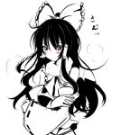  1girl blush female hakurei_reimu monochrome solo spot_color takaharu touhou white_background 