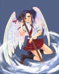  celesta footwear katana mahou_sensei_negima! masaki_(celesta) plaid plaid_skirt red_eyes sakurazaki_setsuna school_uniform serafuku side_ponytail skirt socks sword weapon wings 