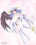  1girl arc_system_works asymmetrical_wings bad_anatomy blue_hair desuno dizzy guilty_gear poorly_drawn red_eyes ribbon solo tail tail_ribbon thigh-highs wings 