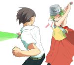 1boy 1girl battle bucket energy_sword higurashi_no_naku_koro_ni lightsaber maebara_keiichi skirt sonozaki_mion sword weapon