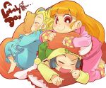  3girls akazutsumi_momoko black_hair blonde_hair cartoon_network goutokuji_miyako hyper_blossom laughing matsubara_kaoru minawa multiple_girls orange_hair pajamas pillow powerpuff_girls powerpuff_girls_z red_eyes rolling_bubbles sleeping smile 