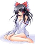  1girl bare_shoulders barefoot black_hair bow breasts cleavage collarbone detached_sleeves female full_body hair_bow hair_tubes hakurei_reimu long_sleeves looking_at_viewer red_bow red_eyes ribbon-trimmed_sleeves ribbon_trim sidelocks simple_background sitting solo toes touhou wariza white_background 