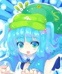  1girl 23 23_(candy_chapus) aqua_eyes aqua_hair backpack bag blush_stickers female hair_bobbles hair_ornament happy hat kawashiro_nitori leaf looking_at_viewer open_mouth pocket solo touhou 