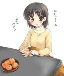  1girl food fruit kotatsu koyuki_(2smj) koyuki_(artist) mandarin_orange original solo table translated 