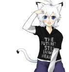  1girl adjusting_hair ahoge animal_ears between_thighs cat_ears cat_tail clothes_writing looking_up open_mouth original shirt solo t-shirt tail takano_saki thighs white_hair 