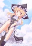  1girl blonde_hair bloomers broom broom_riding clouds female flying hat highres kirisame_marisa long_hair lzh outdoors ribbon skirt sky smile solo touhou underwear witch witch_hat yellow_eyes 