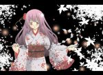  1girl gohei izumi_minami japanese_clothes kimono leaf letterboxed long_hair new_year purple_hair solo violet_eyes 