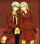  1boy 1girl aquarion_(series) black_legwear black_necktie braid brother_and_sister chloe_klick collared_shirt dress dress_shirt formal gloves jacket kneehighs kurt_klick long_sleeves looking_at_viewer necktie open_clothes open_jacket red red_dress red_suit shirt short_hair shorts siblings silver_hair sitting skirt skirt_suit sousei_no_aquarion standing suit twin_braids twins white_shirt 