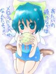  1girl bread cirno face female food lowres melon_bread shoot_the_bullet solo touhou translated uousa-ou 