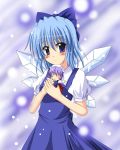  1girl blue_eyes blue_hair bow chibi cirno exe_(artist) exe_(xe) female letty_whiterock perfect_cherry_blossom snow solo touhou 