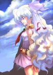  1girl armlet clouds dress long_hair multicolored_hair necktie nia_teppelin pink_dress pink_skirt skirt sky sleeveless solo tengen_toppa_gurren_lagann white_hair 