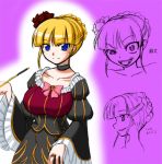  1girl bangs beatrice black_dress blue_eyes blunt_bangs blush bow choker collarbone dress frills holding john_(nakoto) kiseru long_sleeves looking_at_viewer multiple_views pink_background pink_bow pipe simple_background umineko_no_naku_koro_ni wide_sleeves 