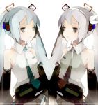  1girl alternate_color aqua_hair blue_eyes blue_hair border detached_sleeves dual_persona grey_eyes grey_hair hair_ornament hatsune_miku headphones kaede_(sayappa) long_hair necktie sayappa shirt simple_background twintails upper_body very_long_hair vocaloid white_background 