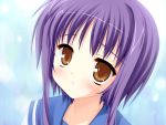  1girl bra-ban! brown_eyes game_cg kobuichi mikage_sumi purple_hair school_uniform serafuku solo 