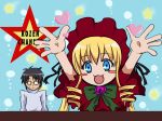  1boy 1girl :d black_hair blonde_hair blue_eyes blush_stickers bonnet bow bowtie drill_hair flower glasses green_bow green_bowtie heart letterboxed long_hair looking_at_viewer lucky_channel lucky_star open_mouth parody rose rozen_maiden sakurada_jun shinku sidelocks smile star sweater twin_drills twintails upper_body very_long_hair 