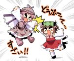  &gt;_&lt; 2girls :3 :d animal_ears blush_stickers brown_hair cat_ears cat_tail chen chibi closed_eyes earrings fang female hat herada_mitsuru high_five jewelry multiple_girls multiple_tails mystia_lorelei open_mouth purple_hair short_hair smile tail touhou translated wings x3 xd 
