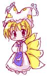  1girl blonde_hair chibi female fox_tail hands_in_sleeves hat lowres multiple_tails pillow_hat short_hair solo surcoat tabard tail tassel touhou white_background yakumo_ran 