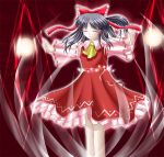  1girl ascot black_hair bow closed_eyes desuno detached_sleeves eyebrows eyebrows_visible_through_hair female frilled_skirt frills hair_bow hair_tubes hakurei_reimu outstretched_arms red_bow red_skirt ribbon-trimmed_sleeves ribbon_trim skirt skirt_set solo standing touhou vest 
