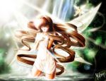  1girl brown_hair closed_eyes dress fairy kanon long_hair misaka_kaori signature solo water waterfall wet wings yukirin 