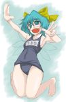  1girl armpits bad_id barefoot bow cirno fang feet female flat_chest hands name_tag one-piece_swimsuit school_swimsuit shoot_the_bullet smile solo swimsuit touhou uousa-ou 