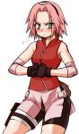  1girl arm_warmers bag bandage bare_shoulders bike_shorts black_gloves blush breasts cowboy_shot frown gloves green_eyes hands_together haruno_sakura headband headdress holster konohagakure_symbol looking_to_the_side miniskirt nakagami_takashi naruto naruto_shippuuden pink_hair pink_skirt red_shirt shirt short_hair shorts shorts_under_skirt side_slit simple_background skin_tight skirt sleeveless sleeveless_shirt small_breasts solo spandex thigh_holster thigh_strap white_background zipper 