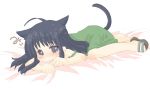  1girl animal_ears bed black_hair blush cat_ears cat_tail furude_rika green_skirt higurashi_no_naku_koro_ni long_hair skirt solo tail tears 