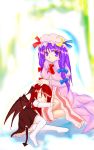  2girls black_skirt blue_ribbon blush capelet crescent crescent_hair_ornament dress female hair_ornament hair_ribbon hat head_wings koakuma legwear long_hair looking_at_viewer mob_cap multiple_girls patchouli_knowledge purple_hair red_ribbon redhead ribbon sitting skirt sleeping tail the_embodiment_of_scarlet_devil thigh-highs touhou tress_ribbon violet_eyes white_background white_legwear wings 