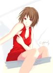  1girl artist_name brown_eyes brown_hair cyprus dress looking_at_viewer meiko outstretched_arm red_dress short_hair sitting solo vocaloid white_background 