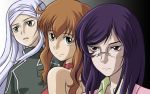  1boy 2girls :o androgynous bad_id bare_shoulders blush choker christina_sierra closed_mouth expressionless glasses gradient gradient_background green_eyes gundam gundam_00 long_hair looking_at_viewer multiple_girls parted_lips purple_hair red_eyes rimless_glasses shigarami_kyouma smile soma_peries tieria_erde upper_body veil 