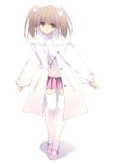  1girl arms_at_sides brown_eyes brown_hair coat full_body gem hair_ribbon jacket jewelry kobayashi_chisato looking_at_viewer mary_janes necklace original pendant pink_skirt pleated_skirt ribbon shoes short_hair simple_background skirt solo standing thigh-highs turtleneck white_background white_legwear 