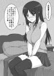  1girl bed blush breast_squeeze breasts huge_breasts impossible_clothes impossible_sweater kurusugawa_ayaka long_hair miniskirt monochrome shichimenchou sitting skirt solo sweater sweater_vest thigh-highs to_heart translation_request 