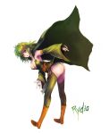  1girl ass bent_over boots breasts bridal_gauntlets cape detached_sleeves final_fantasy final_fantasy_iv green_eyes green_hair hair_ornament kara_(color) rydia simple_background solo thigh-highs 