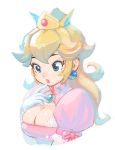  1girl blonde_hair blue_eyes breasts cleavage crown earrings gloves jewelry long_hair muuten nintendo princess_peach simple_background solo super_mario_bros. 