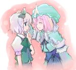  2girls ^_^ arm_garter blue_dress closed_eyes dress female frills from_side green_dress hand_on_another&#039;s_head hat konpaku_youmu long_sleeves mob_cap multiple_girls pink_hair profile puffy_short_sleeves puffy_sleeves saigyouji_yuyuko short_hair short_sleeves silver_hair touhou triangular_headpiece 