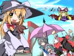  6+girls blonde_hair blush clenched_hands female flat_color hakurei_reimu hat izayoi_sakuya kirisame_marisa multiple_girls neki-t oekaki remilia_scarlet touhou umbrella witch_hat yakumo_yukari 