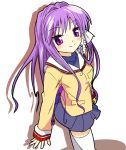  1girl clannad fujibayashi_kyou hair_intakes ixy long_hair purple_hair school_uniform serafuku solo thigh-highs violet_eyes 