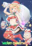  1girl aqua_eyes blonde_hair breasts christmas cleavage gene_(pso2) hat highres looking_at_viewer merry_christmas midriff multicolored_hair one_eye_closed phantasy_star phantasy_star_online_2 sack santa_costume santa_hat short_hair solo tachimi_(basue) thigh-highs 