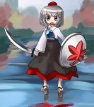  1girl female geta hirosato inubashiri_momiji long_skirt shield skirt solo sword tengu-geta tokin_hat touhou weapon 