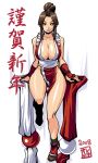  1girl breasts brown_eyes brown_hair cleavage curvy fatal_fury king_of_fighters large_breasts leg_lift legs loincloth long_hair nek pelvic_curtain ponytail revealing_clothes shiranui_mai smile snk solo standing standing_on_one_leg the_king_of_fighters 