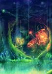  1girl animal fantasy fish forest hat lamp mage nature night original outdoors scenery surreal tree water witch witch_hat wizard 
