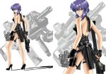  dress fingerless_gloves ghost_in_the_shell gloves gun high_heels kusanagi_motoko lipstick makeup orange_eyes purple_hair shoes weapon yuusuke_(ziyasu) 