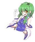  1girl bangs bare_shoulders detached_sleeves eyebrows eyebrows_visible_through_hair female frog_hair_ornament green_hair hair_ornament index_finger_raised kochiya_sanae looking_at_viewer oonusa open_mouth simple_background snake_hair_ornament solo touhou upper_body white_background wide_sleeves yellow_eyes 