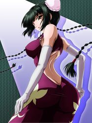  bare_shoulders black_hair braid bun_cover butt_crack china_dress chinese_clothes curvy dress elbow_gloves gloves gundam gundam_00 long_hair tanan twin_braids wang_liu_mei yellow_eyes 