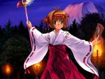  1girl 90s blush brown_hair card card_captor_sakura child clow_card fuuin_no_tsue green_eyes hakama holding holding_card japanese_clothes kinomoto_sakura kodansha magical_girl miko mutsuki_(moonknives) red_hakama solo 