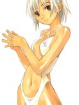  1girl brown_eyes casual_one-piece_swimsuit halterneck hands_clasped interlocked_fingers lowres navel one-piece_swimsuit smile solo swimsuit white_hair 